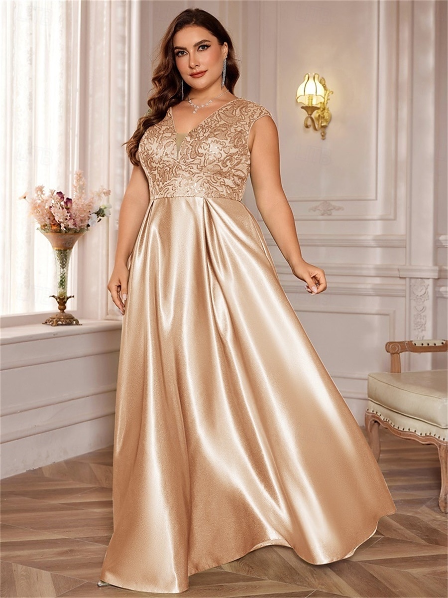 Robe A-Line Grande Taille Élégante Robe Courbe De Mariage Formelle Longue Au Sol Manches Courtes Col en V Satin Dos Nu Avec Plis 2025 de 2025 ? $119.99 –P5