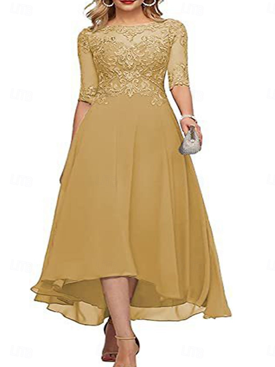 A-Line Mother of the Bride Dress Elegant Crew Neck Floor Length Chiffon Half Sleeve with Solid Color 2025 2025 - $119.99 –P12