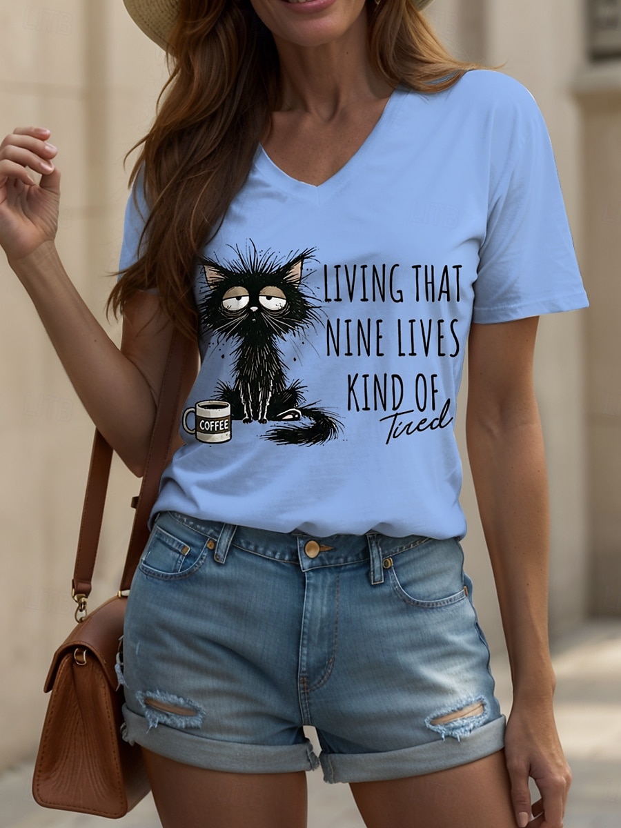 Per donna Maglietta Grafico Animale Gatto Vintage Elegante Classico Manica Corta Scollo a V Top Regolari Quotidiano Stampato Nero Bianco Rosa Rosso Blu Estate Primavera del 2025 a $19.99 –P4