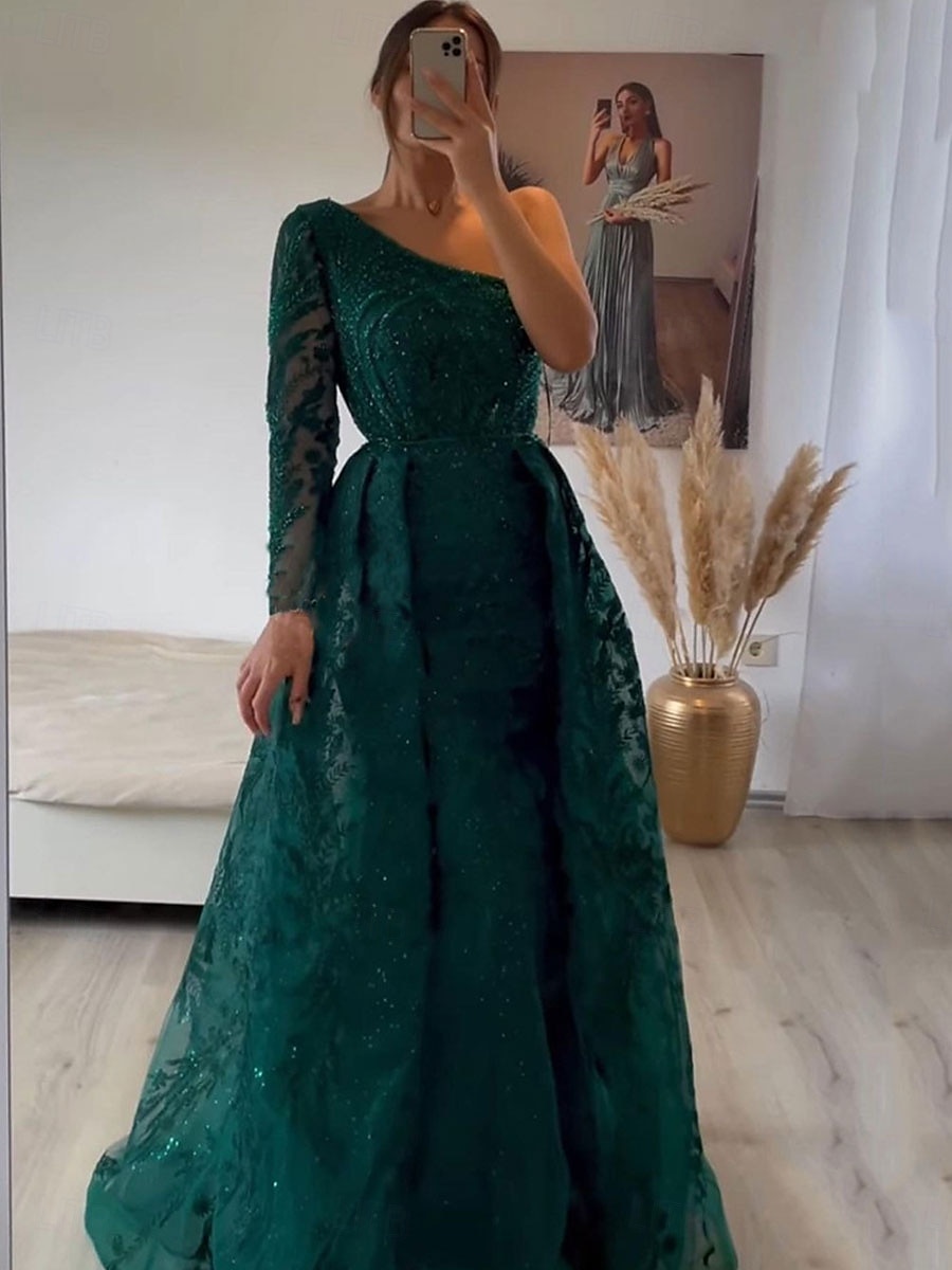 A-Linie Abendkleid Elegant Kleid Formell Hochzeit Bodenlang Langarm Ein-Schulter Spitze mit Paillette 2025 2025 - $139.99 –P4
