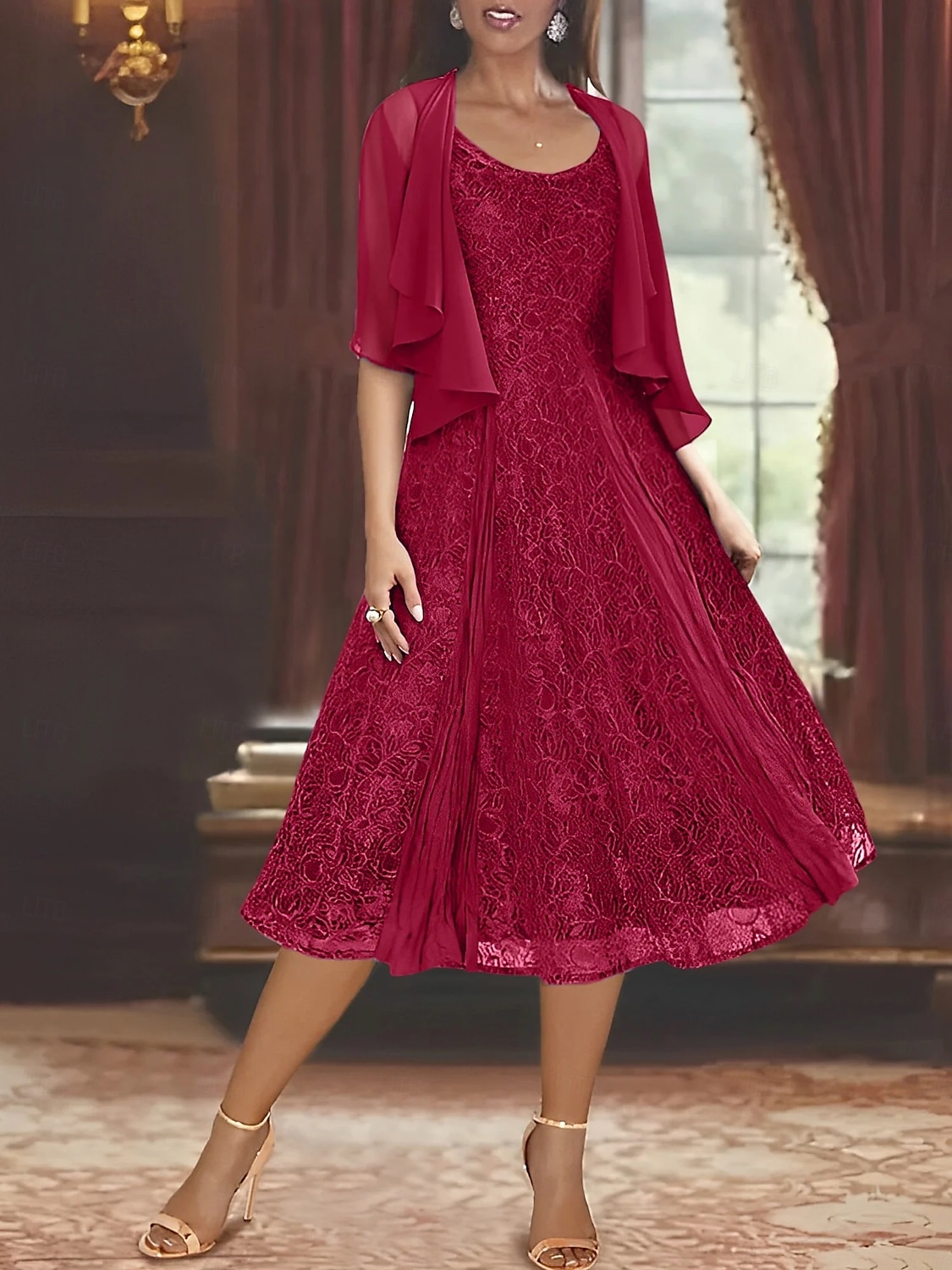 Zweiteiliges A-Linie Mutter der Braut Kleid Elegantes Einfaches Lässiges Bootsausschnitt Knöchellang Chiffon Lange Ärmel mit Spitzenrüschen 2025 - $129.99 –P6