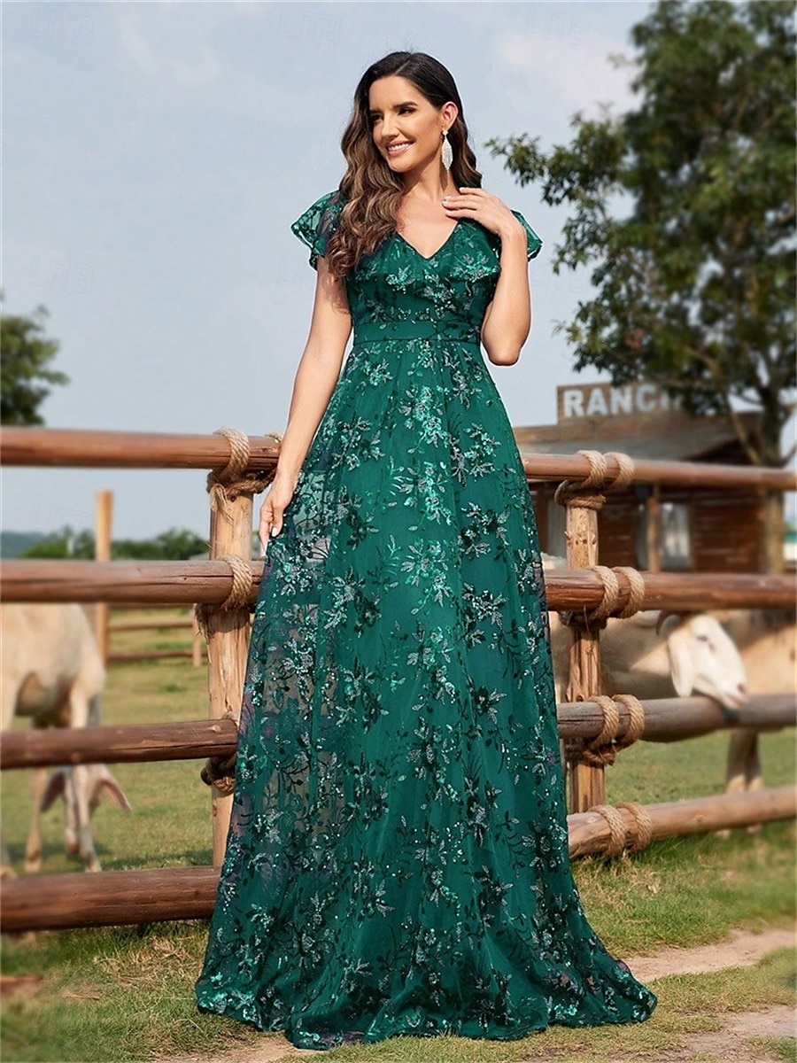 Robes de quinceanera en forme A Robe élégante Robe de mariage formelle longueur sol manches courtes col en V sequins dos en V avec sequins de 2025 ? $109.99 –P12