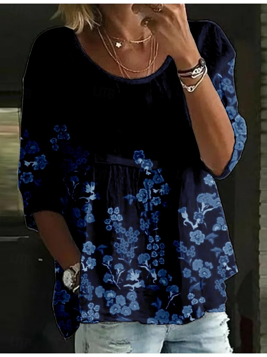 Per donna Blusa Floreale Elegante Manica 3/4 Girocollo Top Regolari Quotidiano Ferie Stampato Nero Verde chiaro Blu marino Viola Verde Estate del 2025 a $21.99 –P3