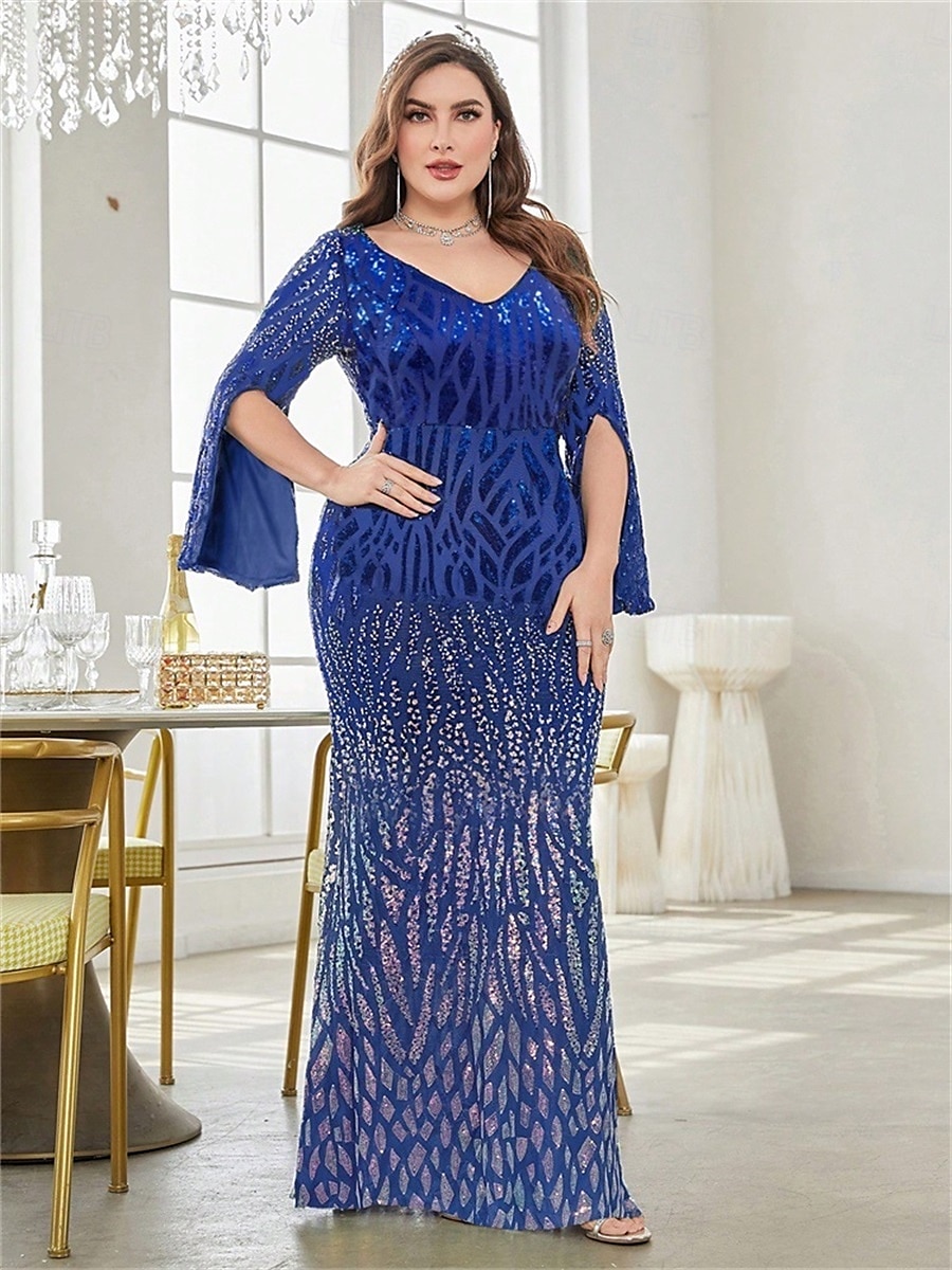 Mermaid / Trumpet Plus Size Dresses Elegant Curve Dress Formal Wedding Floor Length Long Sleeve V Neck Polyester with Sequin 2025 - $119.99 –P14