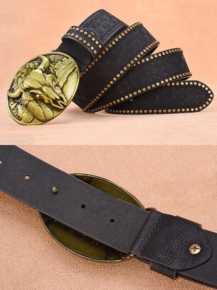 męski pasek ze sztucznej skóry w stylu western z brązową klamrą w kształcie czaszki byka, idealny do codziennych i kowbojskich strojów 2026 - $19.99 –P6