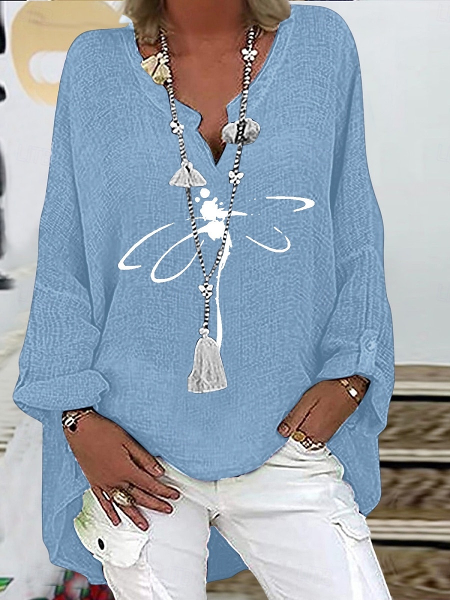 Women's Cotton Linen Shirts Dragonfly Basic Casual Long Sleeve V Neck Regular Tops Daily Print Black Navy Blue Sky Blue Summer Fall 2025 - $29.99 –P6