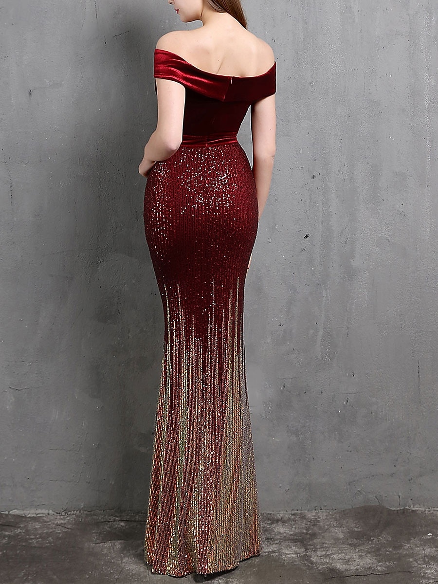 Mermaid / Trumpet Evening Gown Elegant Dress Formal Wedding Floor Length Short Sleeve Off Shoulder Velvet with Beading 2025 - $129.99 –P6
