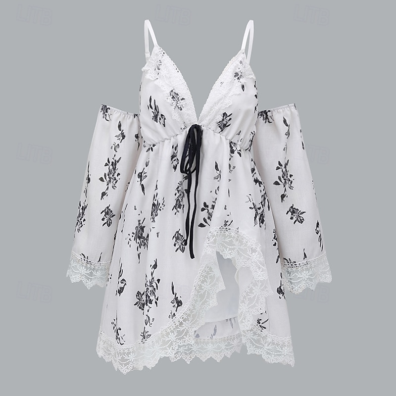 Damskie Sukienka mini Sukienka Boho Strój zachodni Moda Urlop Codzienny Wyjściowe Regularny Kwiat Długi rękaw W serek Biały Lato 2025 - $31.99 –P1