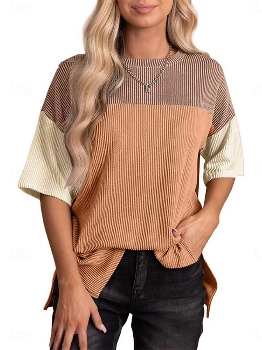 Dame T skjorte Fargeblokk Mote Moderne Fritid Kortermet Crew-hals Vanlige topper Daglig Helg Lapper Svart Rosa Oransje Grønn Kakifarget Sommer Vår 2025 - $25.99 –P3