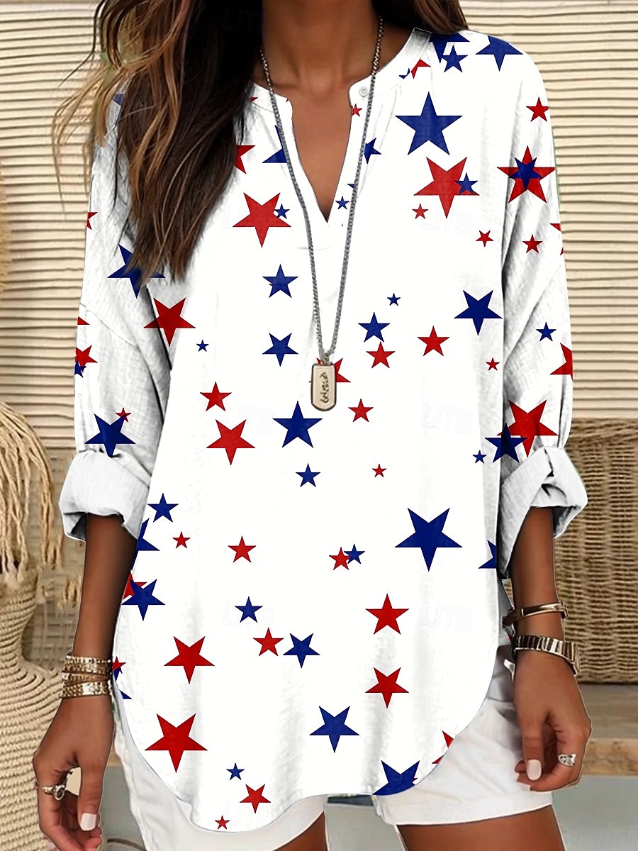 Giorno dell'Indipendenza Blusa Patriottica da Donna Simile Lino Traspirante Leggera Tunica Collo a V Maniche Lunghe Boho Casual Bandiera Rossa Bianca e Blu Maniche Corte Giornaliero Stampa del 2026 a $32.99 –P4