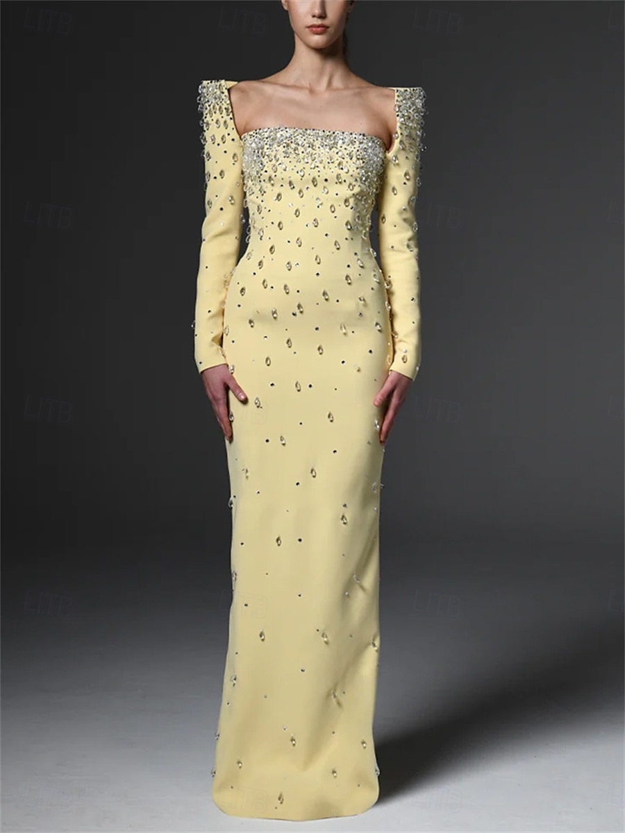 Mermaid / Trumpet High Fashion Yellow Dress Elegant Dress Formal Wedding Floor Length Semi Formal Long Sleeve Square Neck Crepe Center Back Slit with Crystal 2025 - $149.99 –P1