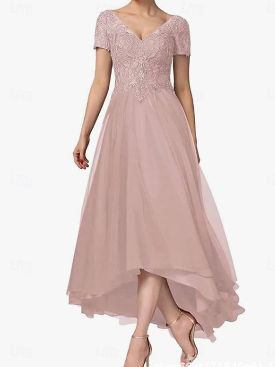 A-line šaty pro matku nevěsty elegantní V výstřih asymetrický chiffon krátký rukáv s jednobarevným provedením 2025 - $119.99 –P8