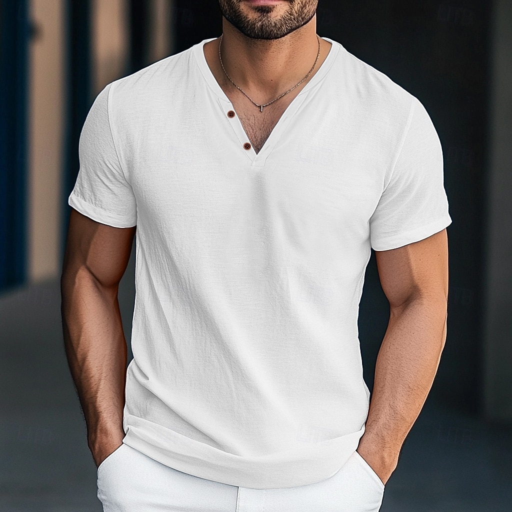 Herren Henley Hemd T-Shirt Kurzarm Einfarbig Einfach Mode Designer Basic Knöpfe V Ausschnitt Urlaub Straße Lässig Sommer Dunkelgrau Weiß Blau Henley T-Shirt 2025 - $25.99 –P9