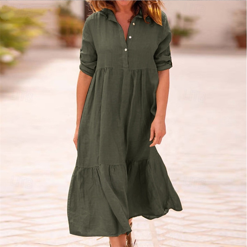 Per donna Abito Midi Vestito Casual Abito in cotone e lino Abito Estivo Moda Moderno All'aperto Data Weekend Vestibilità regolare Semplice Senza Maniche Colletto a Camicia Giallo Vino Verde militare del 2025 a $36.99 –P10