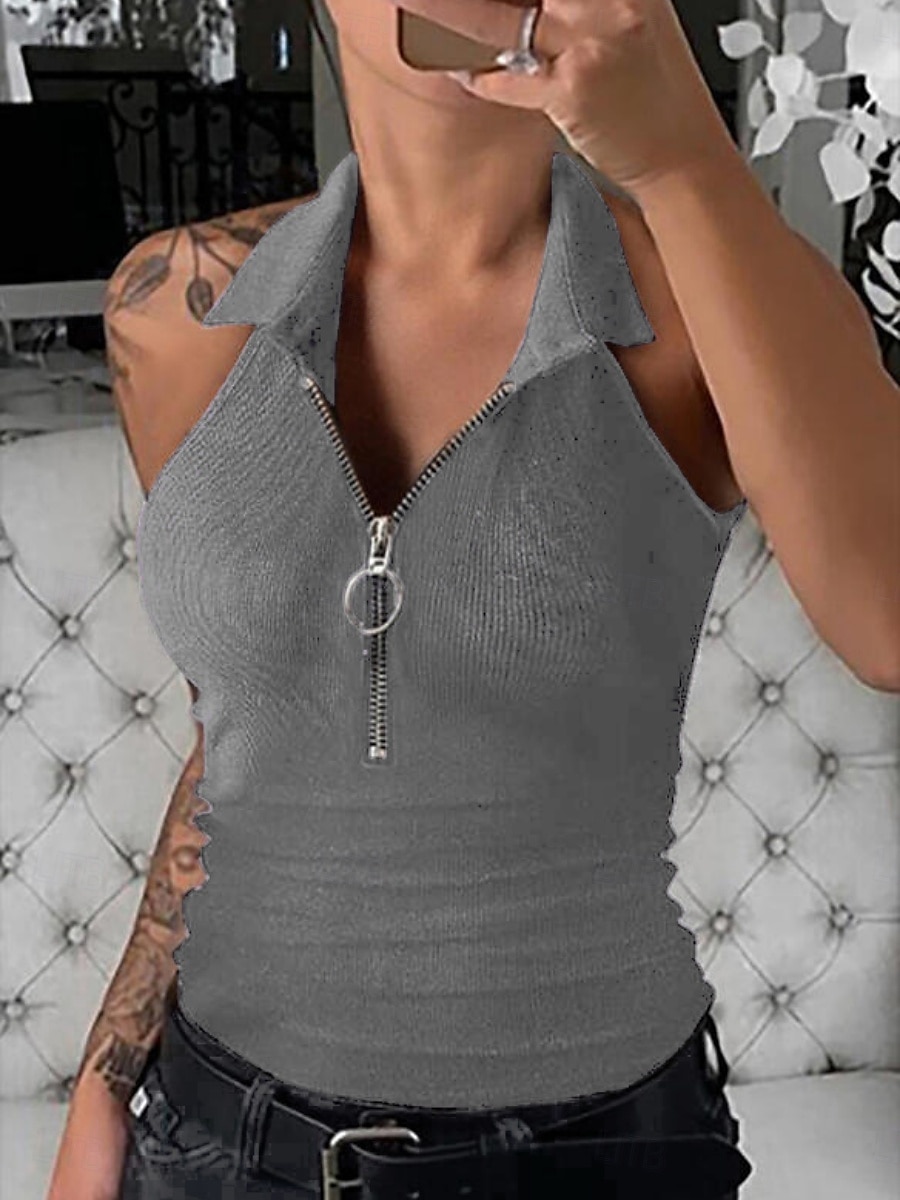 Pentru femei Camisole Tank Top Culoare solidă Modern Casual Fără manșon Guler Cămașă Topuri obișnuite Zilnic Fermoar Negru Roșu Vin Albastru piscină Maro Trifoi Vară 2025 - $15.99 –P14