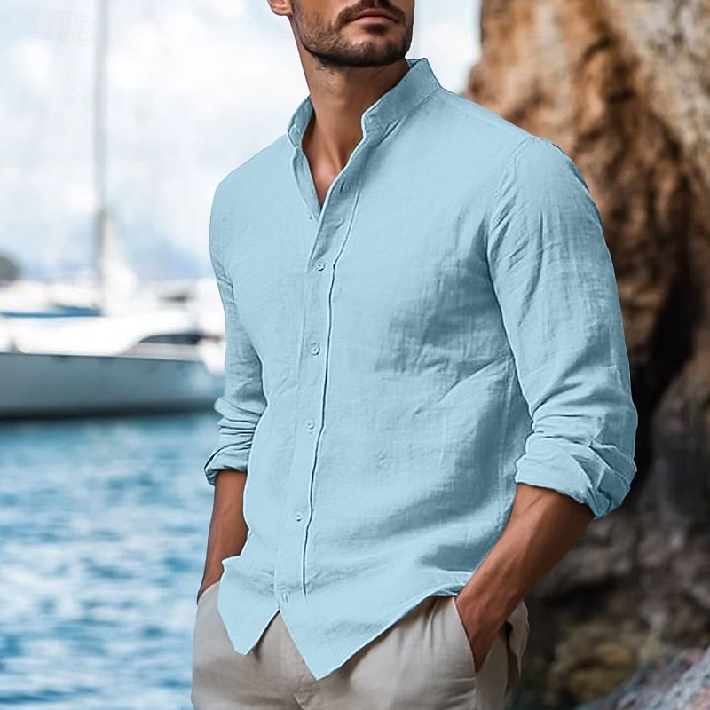 Herren Hemd Leinenhemd Stehkragenhemd Sommerhemd Strandbekleidung Freizeithemd Einfarbig Urlaub Kreuzfahrt Schwarz Weiß Blau Khaki Langarm Kragen Bekleidung 2025 - $23.99 –P4