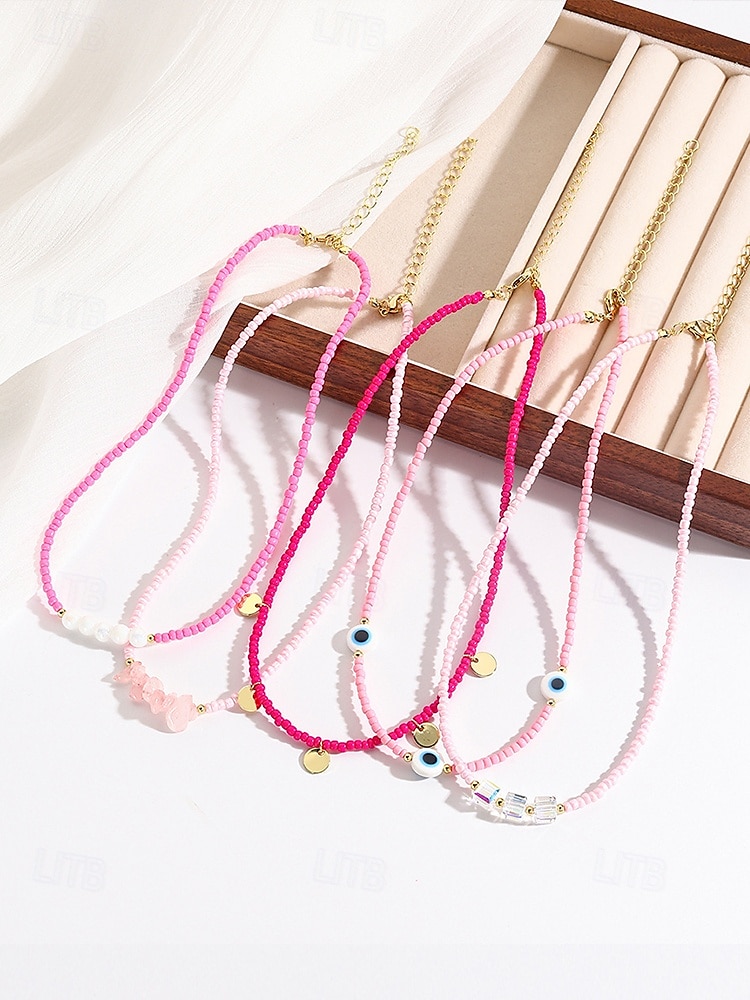 Women's Colorful Beaded Layered Necklace Set – Boho Evil Eye, Pearl, and Charm Accents – Adjustable Summer Jewelry for Teens and Young Women – Ideal for Beach, Festivals and Casual Wear 2025 - $14.99 –P8