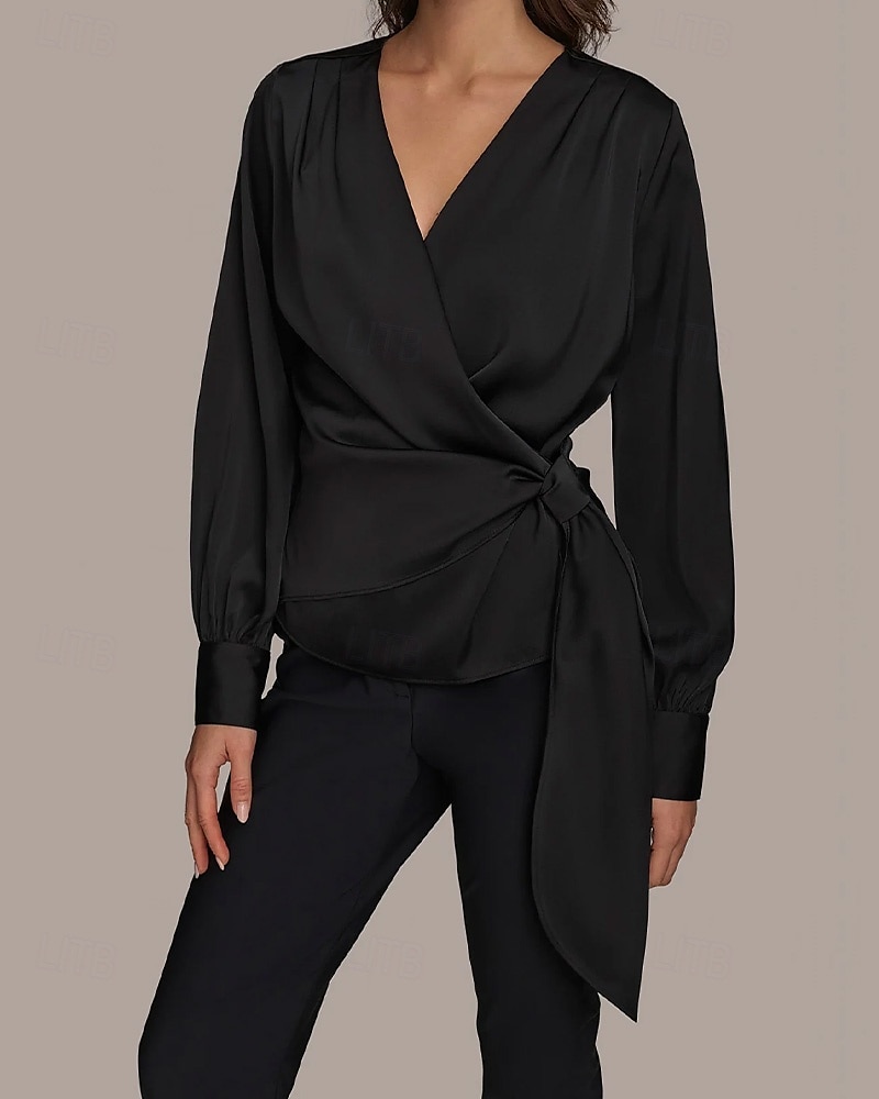 Two Piece Jumpsuit / Pantsuit Pantsuit Mother of the Bride Pantsuit Elegant Vintage Simple V Neck Ankle Length Satin Top Stretch Crepe Pants V Long Sleeve with Bow(s) Ruched 2025 - $130.99 –P2
