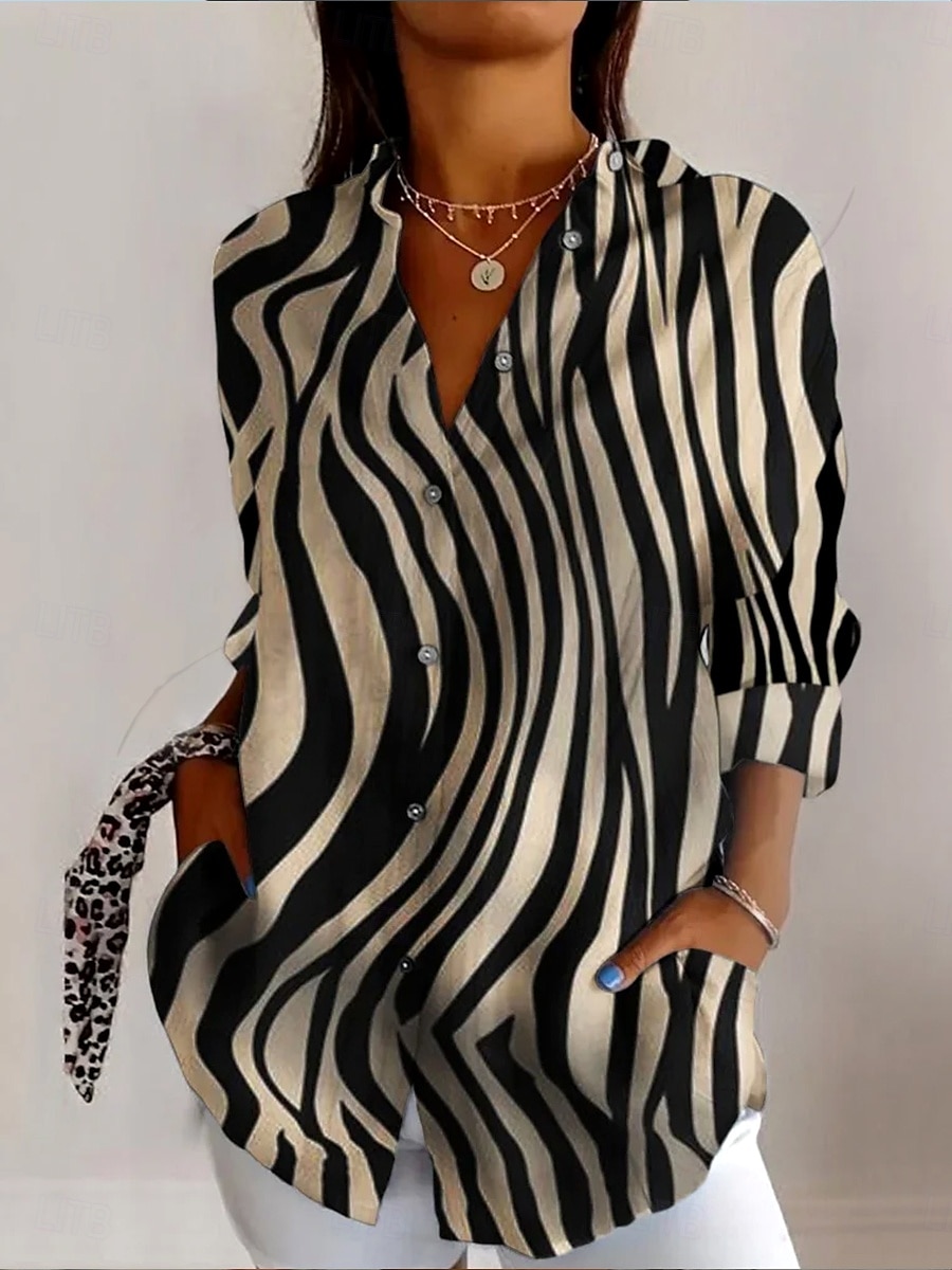 Women's Shirt Graphic Geometric Striped Vintage Tropical Daily Long Sleeve V Neck Shirt Collar Regular Tops Work Daily Holiday Buttons Print Grass Green Black Summer Spring Fall 2025 - $32.99 –P1