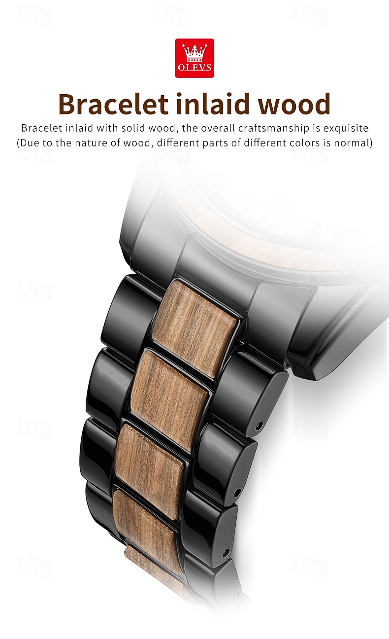 OLEVS 3645 Heren Horloge Top Merk Business Originele Kwarts Horloge Massief Hout Multifunctionele Chronograaf Maanfase Horloge 2026 - $62.99 –P11