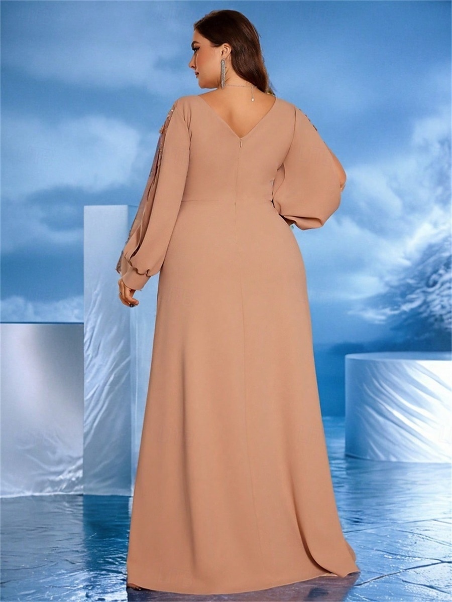 A-vonalú Plus Size Ruhák Elegáns Görbületű Ruha Formális Esküvő Padló Hosszú Hosszú Ujjú V Nyakú Chiffon Gyöngyökkel 2025 - $109.99 –P13