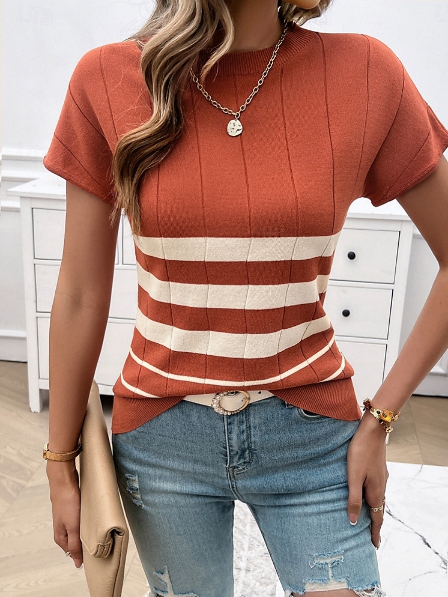 Dame Bluse Stripet Stilfull Fritid Kortermet Crew-hals Vanlige topper Daglig Lapper Svart Hvit Brun Kakifarget Sommer 2025 - $28.99 –P2