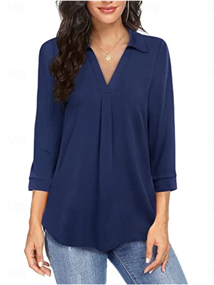 Damen Hemd Einfarbig Elegant Stilvoll Basic Dreiviertelarm V Ausschnitt Normale Oberteile Täglich Schwarz Wein Blau Grün Frühling Herbst 2025 - $17.99 –P3