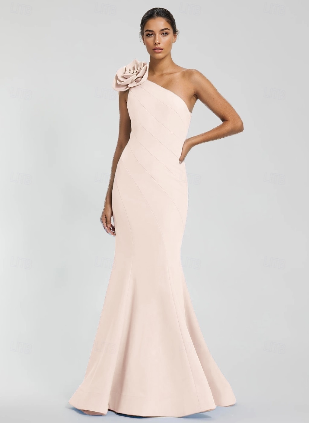 Abito da sera a sirena/tromba, elegante, formale, da ospite di nozze, senza maniche, lungo fino al pavimento, monospalla, in crêpe elasticizzata con pieghe, 2025 del 2025 a $147.99 –P6