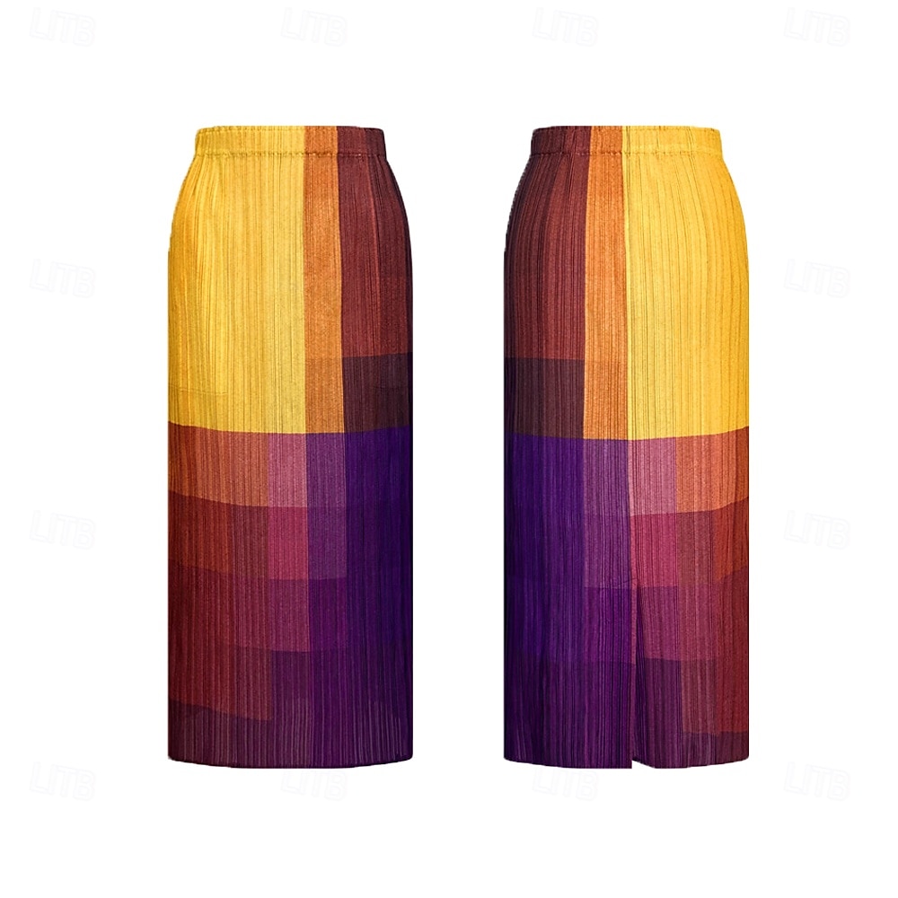 Women's Skirt Elegant Vintage Fashion Casual Midi Mid Waist Skirts Gradient Ruched Stretchy Yellow Summer Polyester 2025 - $62.99 –P4