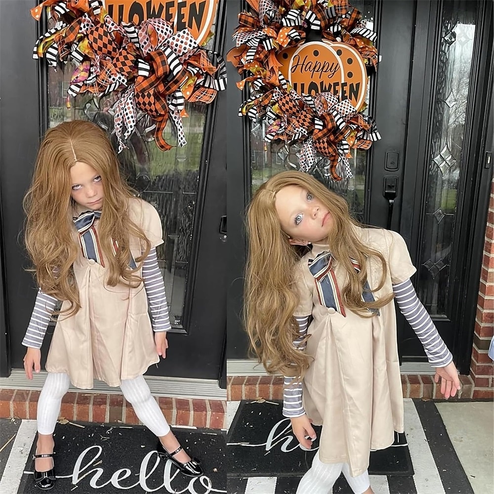 Bruine pruik voor meisjes, lang golvend krullend middenstuk kostuumpruik, prinsessenhaar voor Halloweenfeest 2025 - $26.99 –P2