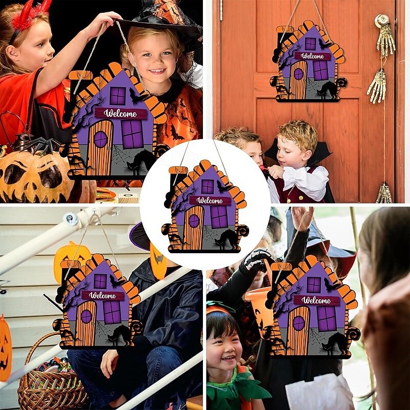 Деревянная вешалка на дверь с надписью «Добро пожаловать на Хэллоуин», фиолетовая вывеска с изображением дома с привидениями и кошки, жуткий венок на входную дверь для декора на Хэллоуин 2025 - $9.99 –P2