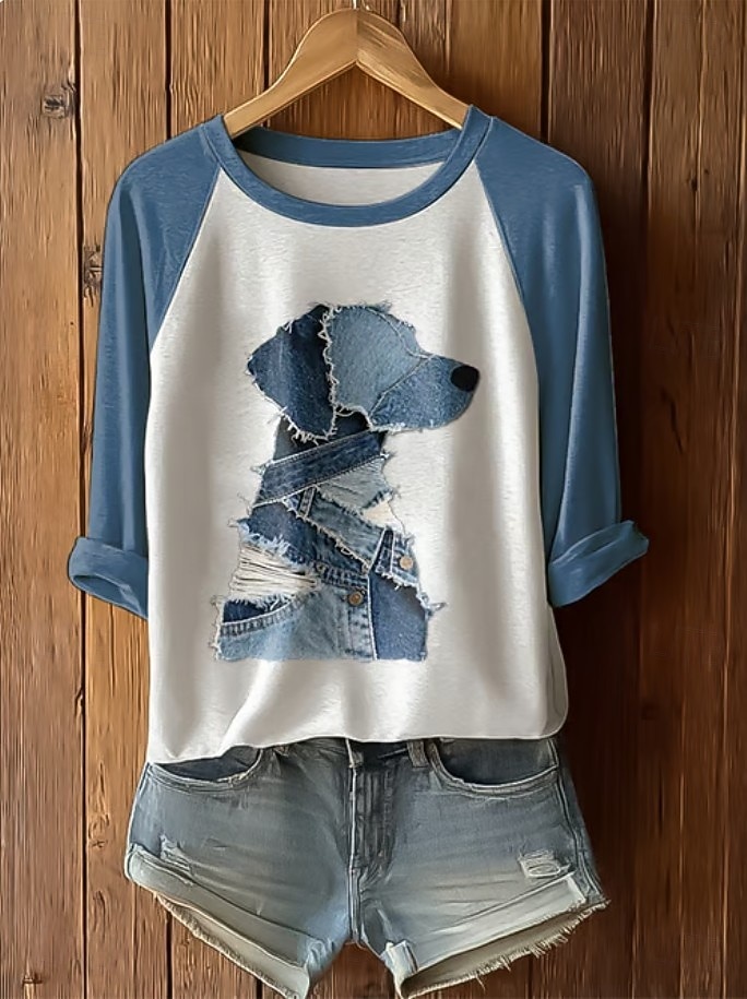 Women's T Shirt Print Graphic Animal Dog Vintage Stylish Classic Long Sleeve Crew Neck Long Tops Daily Blue Light Blue Summer Spring 2026 - $24.99 –P2
