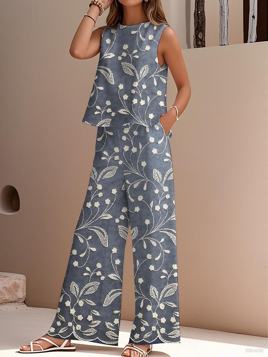 Dámské elegantní módní streetwear dvoudílné sety halenka vesta kalhoty kalhoty bez rukávů kulatý výstřih outdoor do práce ležérní květinový potisk dovolená denní sváteční modrá fialová šedá léto regular fit 2025 - $36.99 –P3