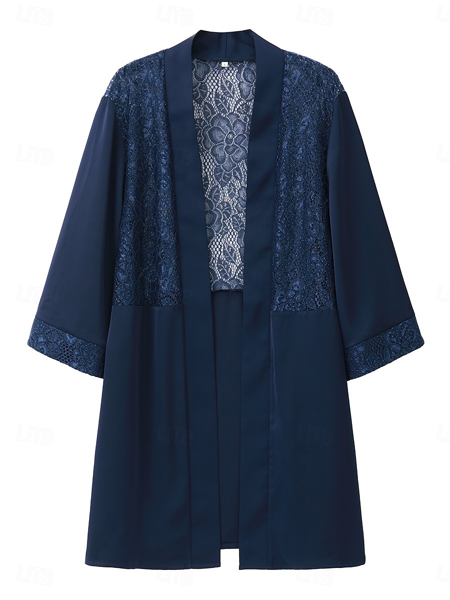 Dámská přehozová bunda s krajkou, elegantní, módní, formální, formální, svatební, večírek, večírek, otevřený střih, dlouhá, bez límce, volný střih, 3/4 rukávy, svrchní oblečení, tmavě modrá, léto, 2025 - $59.99 –P6