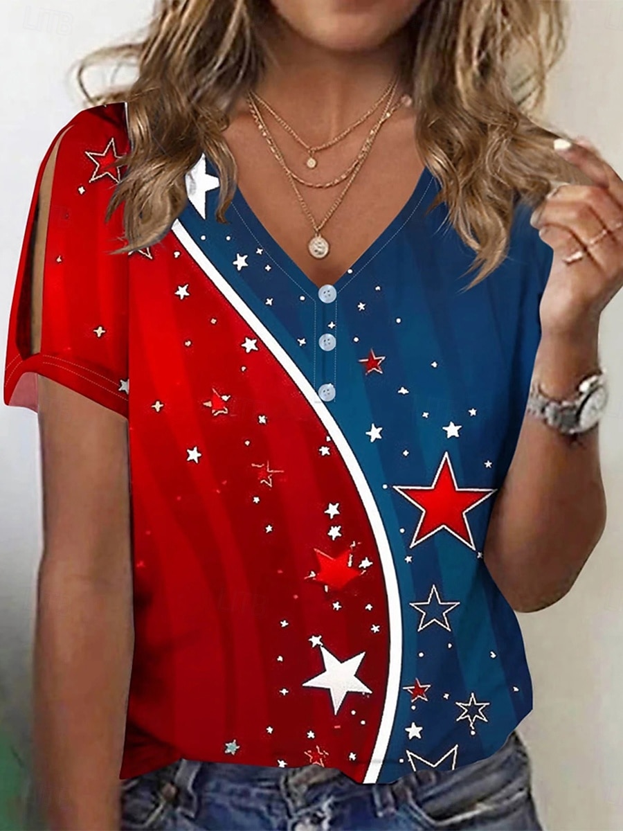 T-shirt patriote pour femmes graphique avec drapeau vintage stylé classique à manches courtes col en V hauts réguliers imprimé quotidien sortant week-end rouge violet vert été printemps de 2025 ? $27.99 –P1