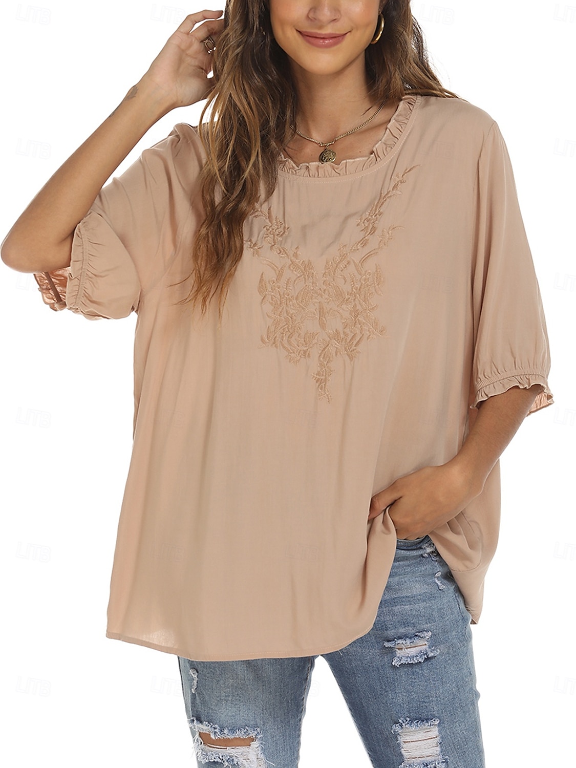 Damen Hemd Einfarbig Blumen Lässig Boho Dreiviertelarm Ellbogenärmel Rundhalsausschnitt Normale Oberteile Täglich Ausgehen Rüsche Bestickt Schwarz Weiß Rote Khaki Sommer 2025 - $24.99 –P17