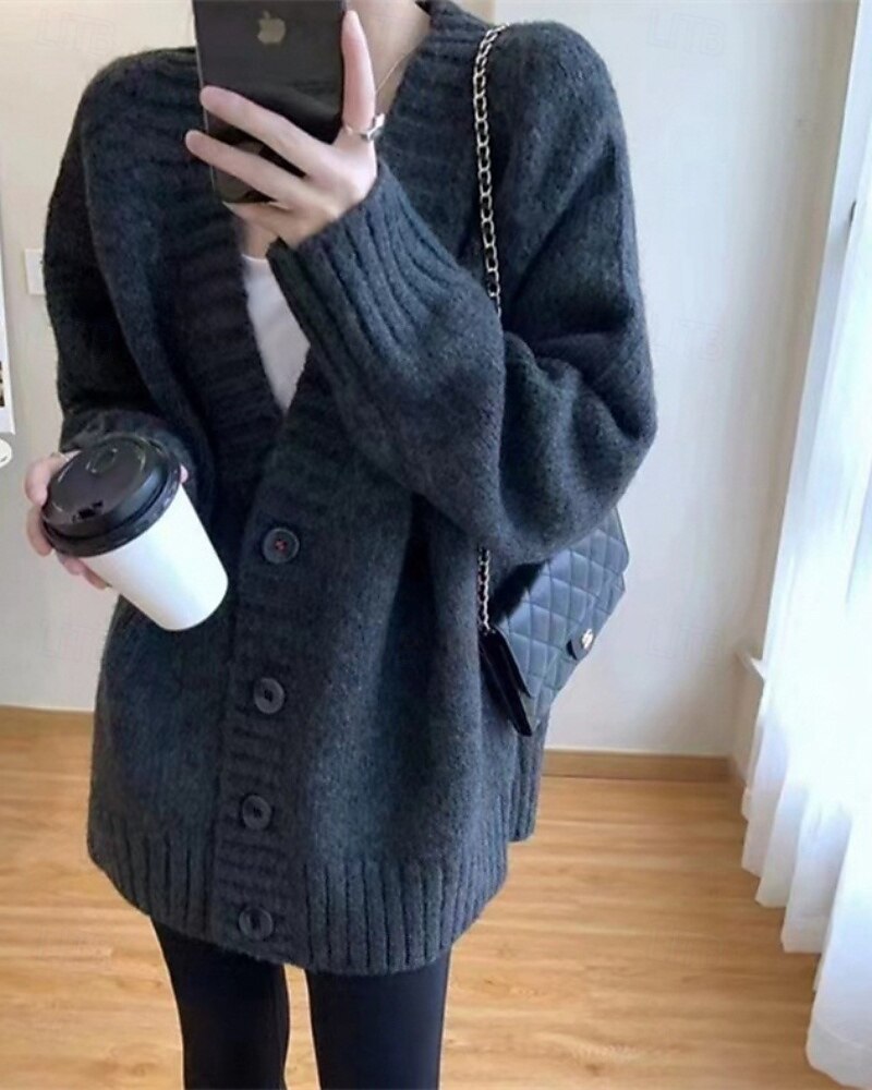 Damen Pullover Strickjacke Mode Einfarbig Gerippt V Ausschnitt Knöpfe Gestrickt Langarm Normale Oberteile Stricken Täglich Ferien Ausgehen Schwarz Dunkelgray Herbst 2025 - $28.99 –P6