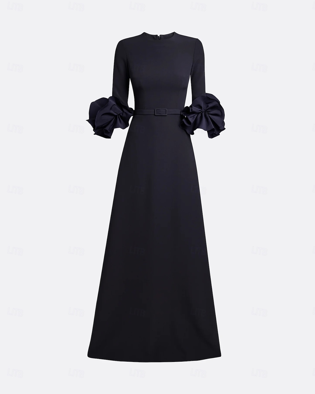Abito da sera nero a trapezio, elegante, formale, da sposa, lungo fino al pavimento, manica lunga, scollo rotondo, in crêpe elasticizzata con pieghe, 2025 del 2025 a $139.99 –P7