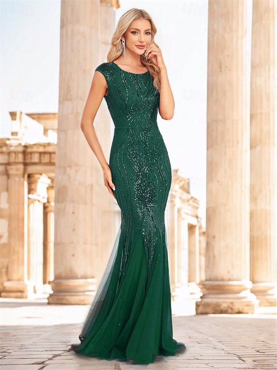 Vestidos de Quinceanera Elegantes Sereia  Trompete para Casamento Formal Comprimento Total Sem Mangas Decote Barco em Poliéster com Lantejoulas de 2025 por $99.99 –P3