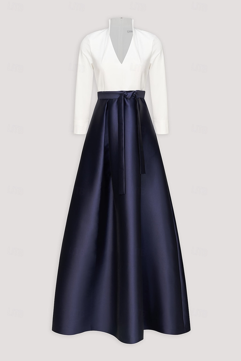 Robe de soirée en A noir et blanc élégante robe formelle invitée de mariage longueur de sol manches longues décolleté en V satin avec poches et nœud(x) de 2025 ? $137.99 –P6