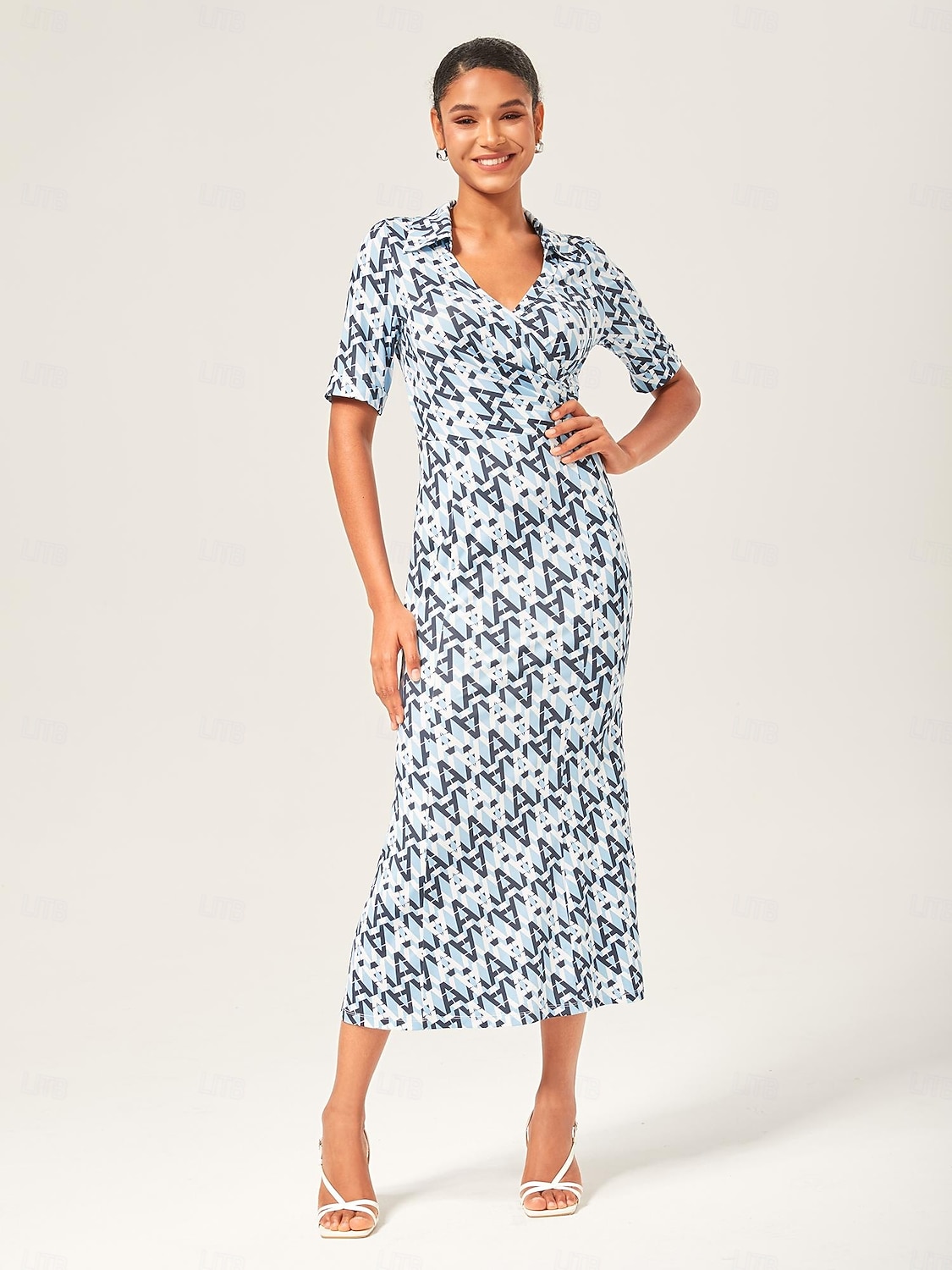 Per donna Femminile Vestito Casual Abito Midi Eco Green sabbia calda Blu Manica Corta Geometrico Estate Scollo a V Stampa XS S M del 2025 a $64.99 –P1