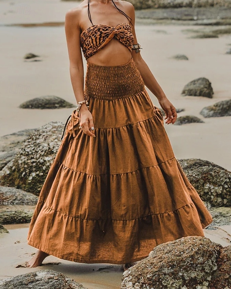 Femmes Jupe Évasé Occasionnel Maxi Taille Basse Jupes Uni Froncé Micro-Élastique Vacances Rue Noir Blanche Jaune Vert Véronèse Automne Coton de 2025 ? $22.99 –P12