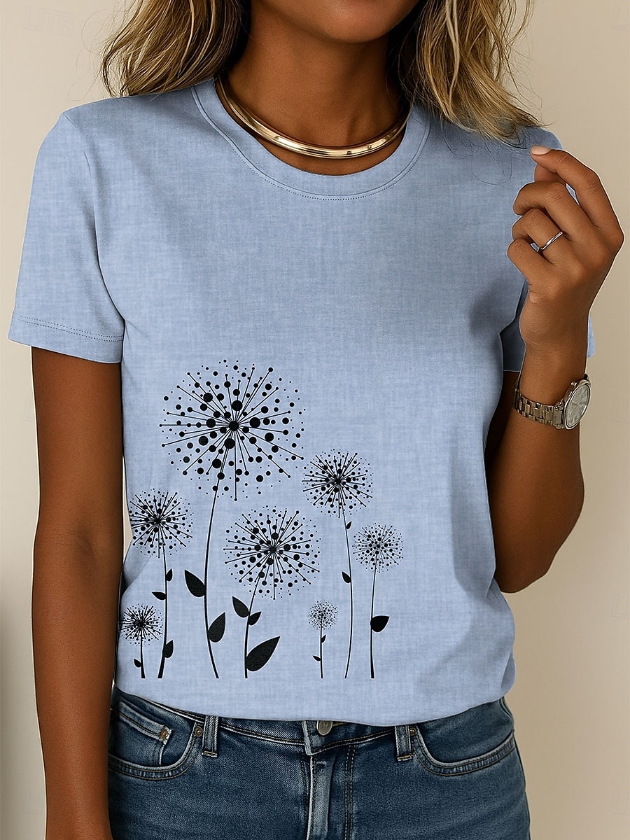 Femmes T-shirt Fleuri Graphique Plantes Occasionnel Manche Courte Col rond Hauts Réguliers Quotidien Sortir Week-end Imprimé Bleu Violet Vert Kaki Été de 2025 ? $19.99 –P4