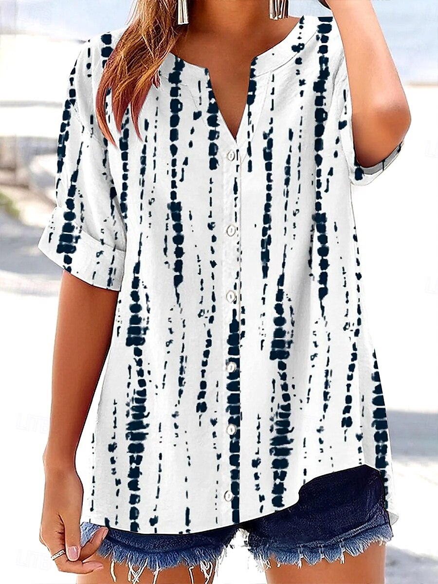 Femmes Chemise Fleuri Rayé 3D ancien Tropical Élégant Manche Courte Encolure en V Hauts Réguliers Quotidien Fête Boutons Blanche bleu marine Été Printemps Automne de 2025 ? €31.99 –P4