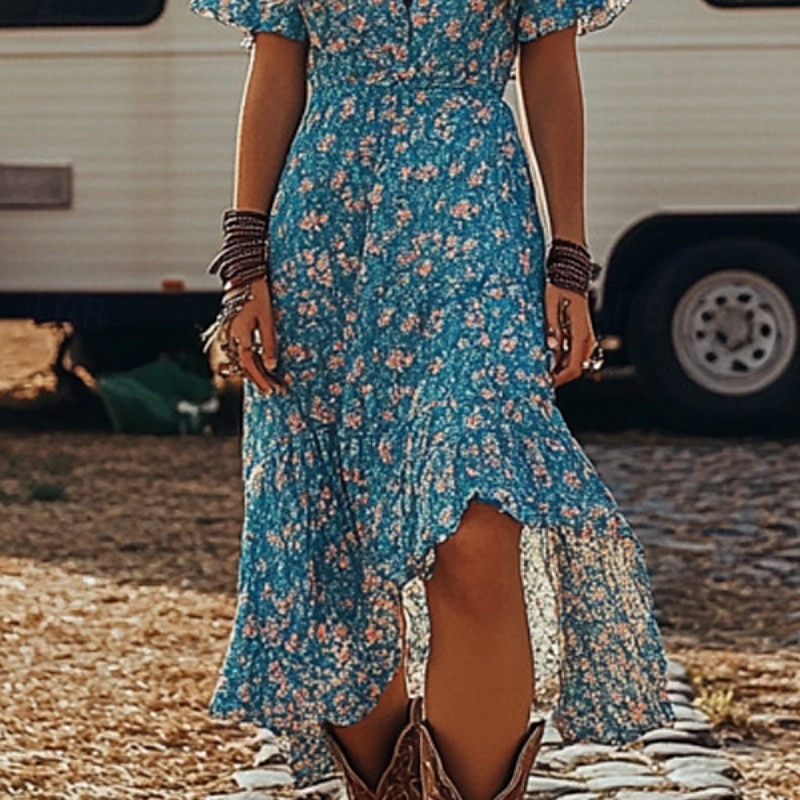 Femmes Robe Midi Robe Fleurie Robe bohème Robe Imprimée Robe occidentale Classique Moderne Extérieur Vacances Sortir Coupe régulière Fleur Manche Courte Col en V Bleu Été de 2025 ? $27.99 –P3