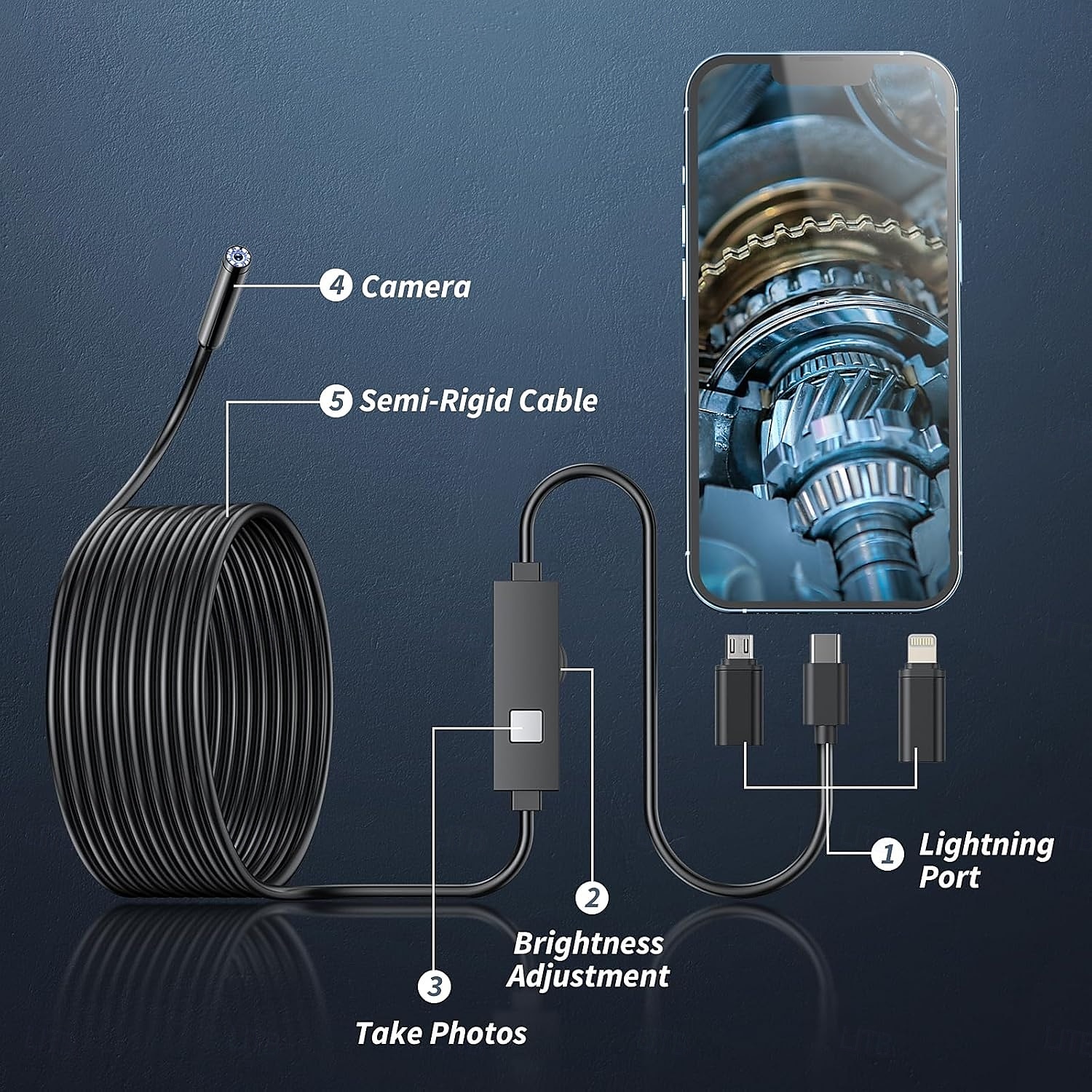 Telecamera endoscopica con luce, strumenti per endoscopio HD 1080p con luci LED regolabili, endoscopio con telecamera a serpente semirigida, endoscopio di ispezione per iOS e Android, lente singola da del 2025 a $19.99 –P3