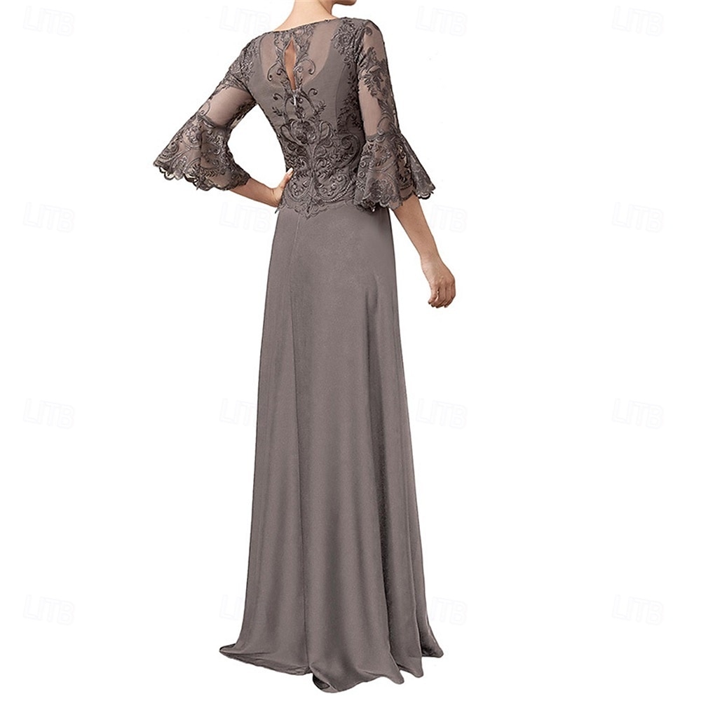 A-Line Mother of the Bride Dress Elegant Crew Neck Floor Length Chiffon Long Sleeve with Solid Color 2025 - $119.99 –P2