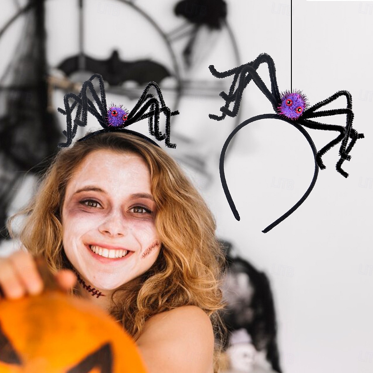 Halloween-hämähäkkipanta pörröisillä pom-pommilla, hauska hiusasuste juhliin, naamiaisiin, karkki vai keppokseen ja keppokseen &esitysproppu 2025 - $6.49 –P9