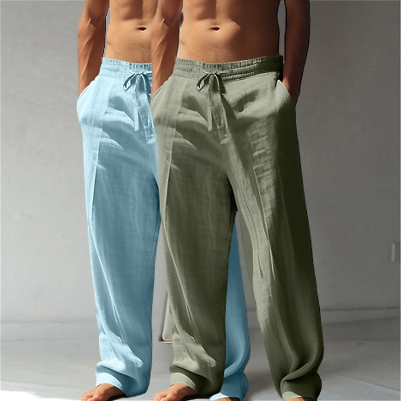 Herren Leinenhosen Hose Sommerhose Baggy-Hosen Strandhose Kordelzug Elastischer Bund Gerader Schnitt Einfach Komfort Atmungsaktiv Volle Länge Lässig Täglich Ferien Urlaub Klassicher Stil Grün + grau 2025 - $27.99 –P7
