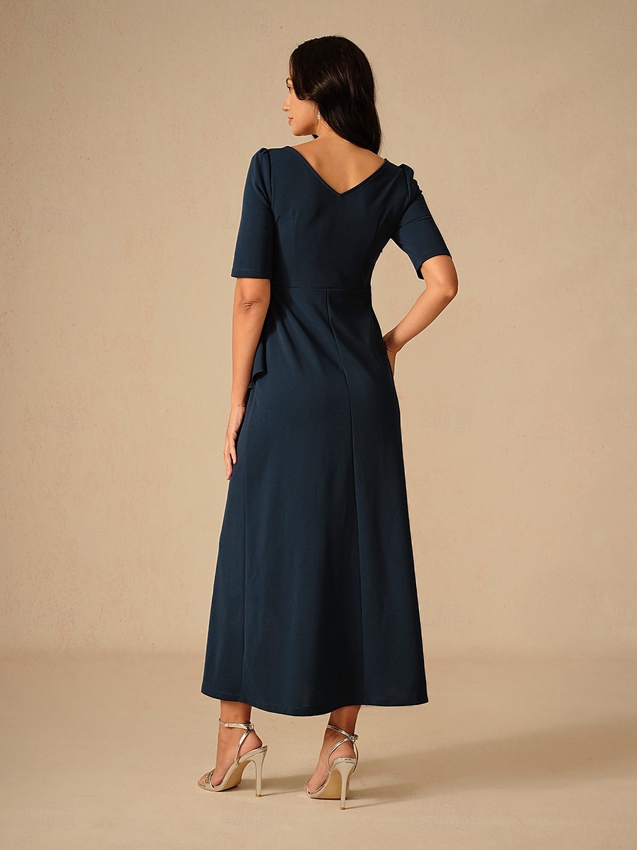 Dame Maxikjole Rysjekjole Elegant Normal Helfarge Kortermet Crew-hals Navyblå Sommer Vår Høst 2025 - $99.99 –P2